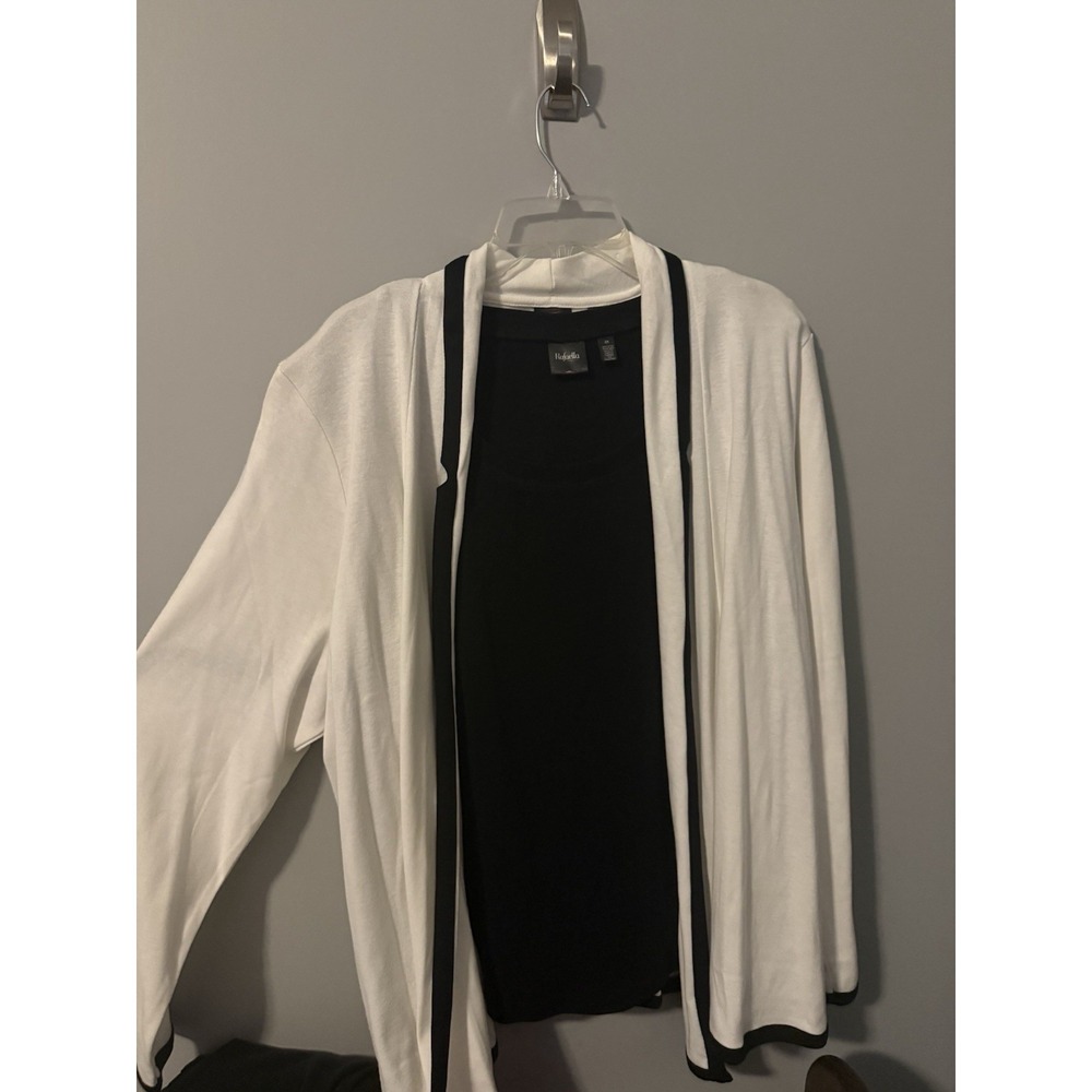 RAFAELLA Wmn 3x Cardigan and Tank Twin Set 3/4 Sleeves 100% Cotton White/blk New